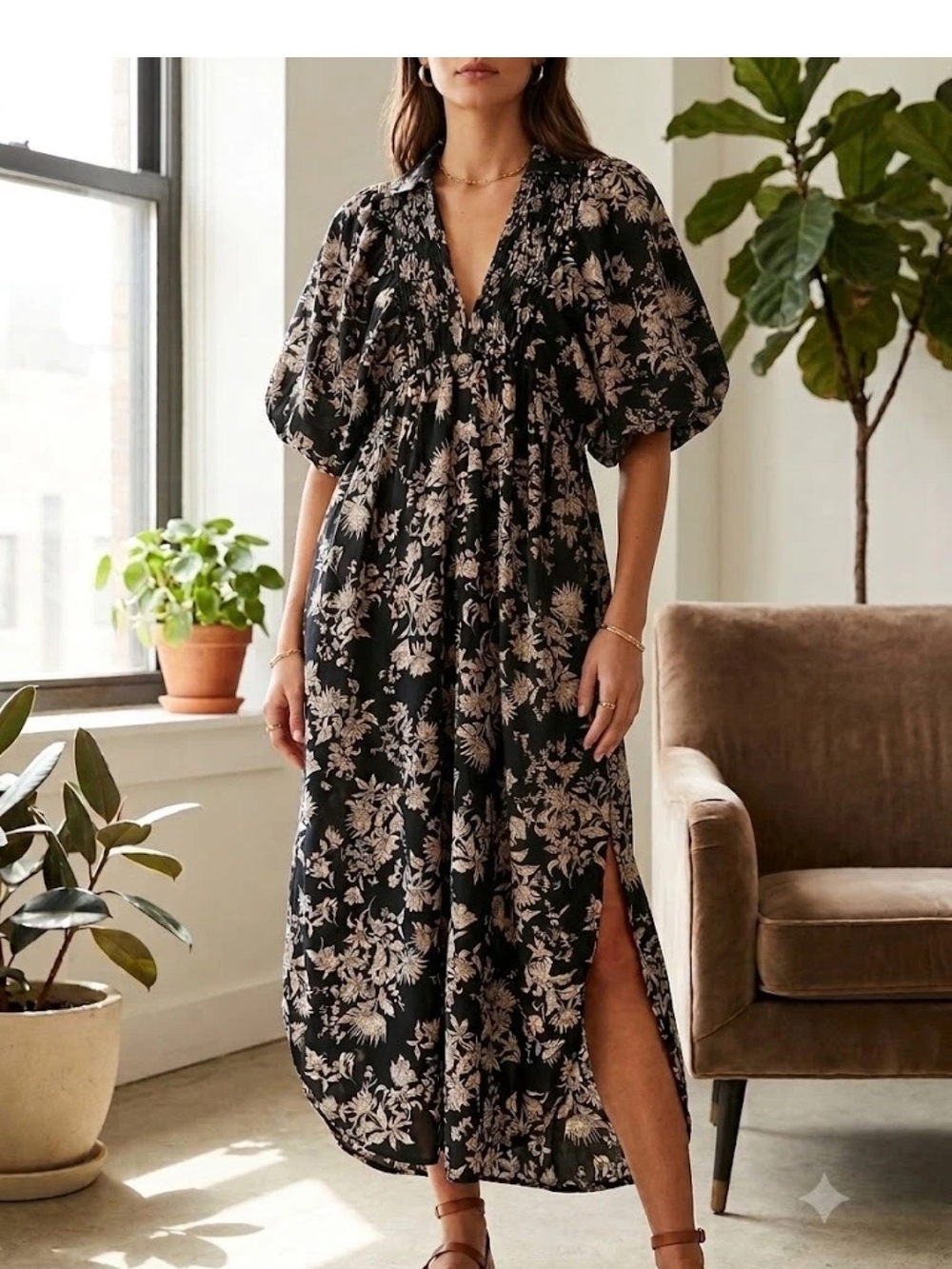 Entro Black Floral Maxi Smocked Dress Puff Sleeves Sz S Botanical Garden Fall